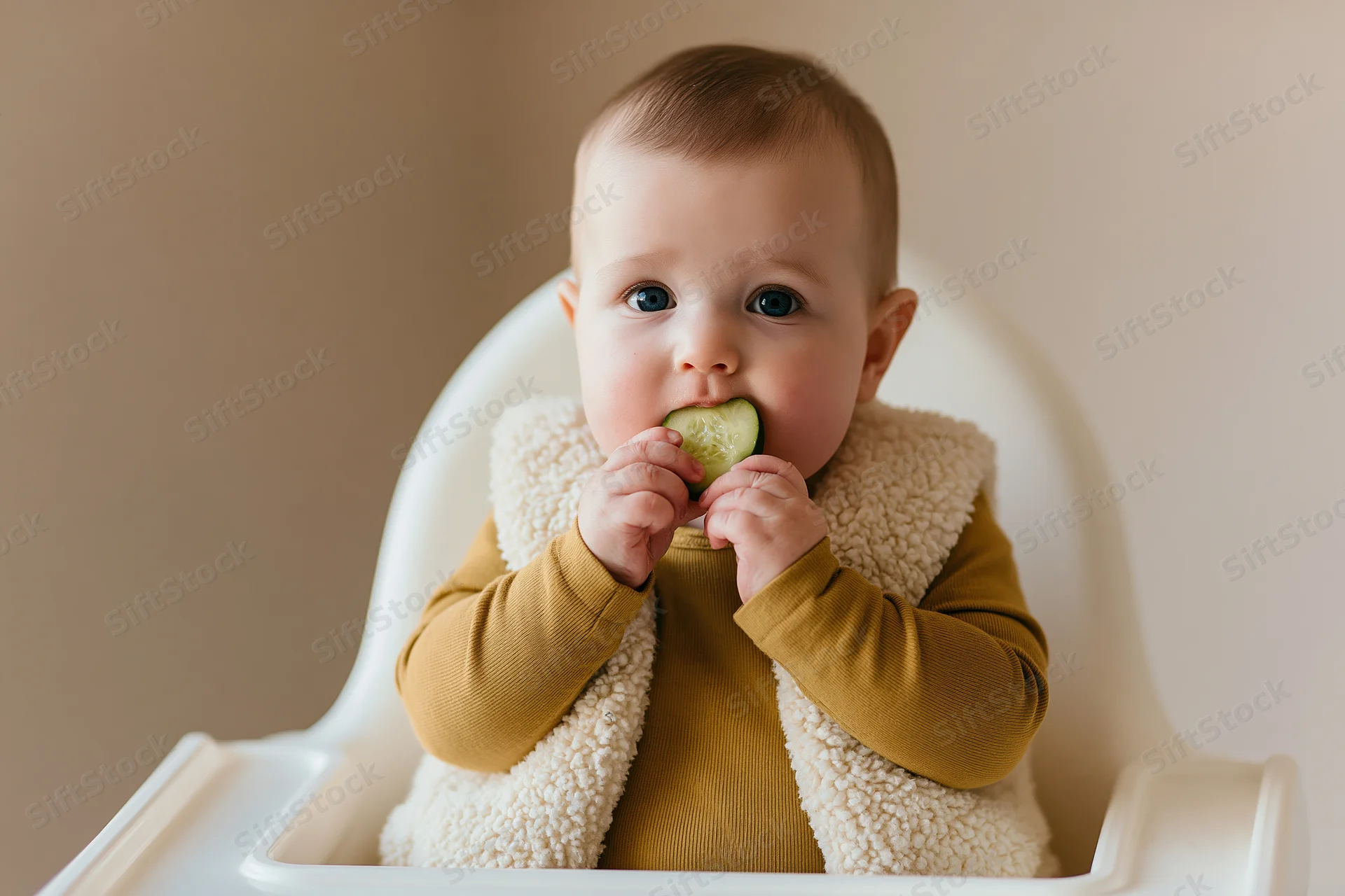 Baby sitting in highchair eating cucumber slice with hands