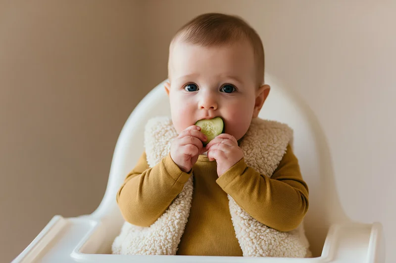 Baby sitting in highchair eating cucumber slice with hands