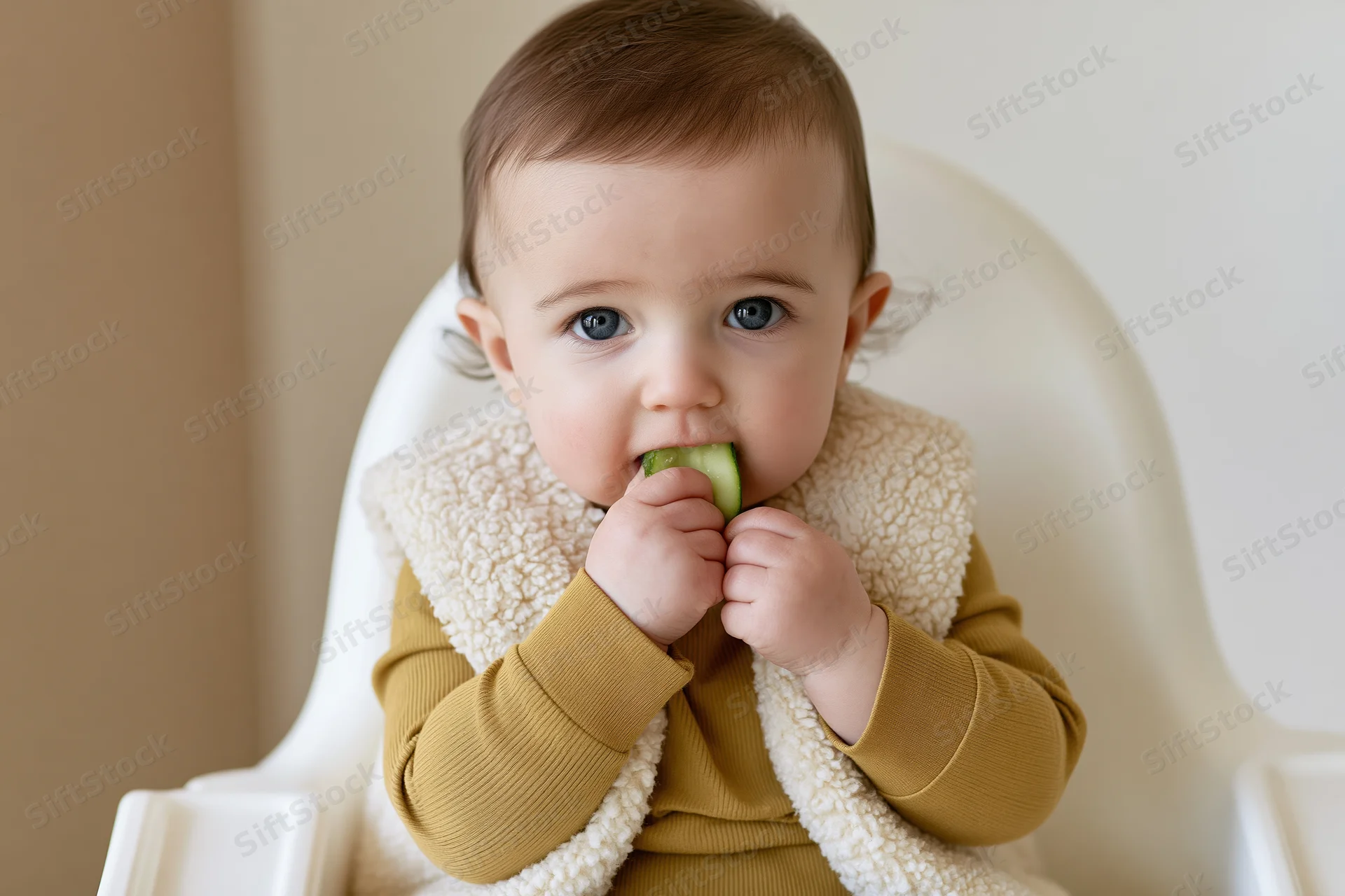 Baby gnawing on a cucumber slice while seated in a highchair