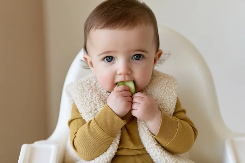 Baby gnawing on a cucumber slice while seated in a highchair