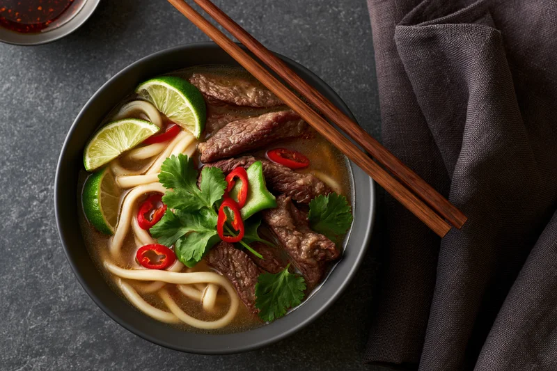 Beef noodle soup with udon, lime, cilantro and chili in a dark matte bowl with chopsticks on a gray stone surface