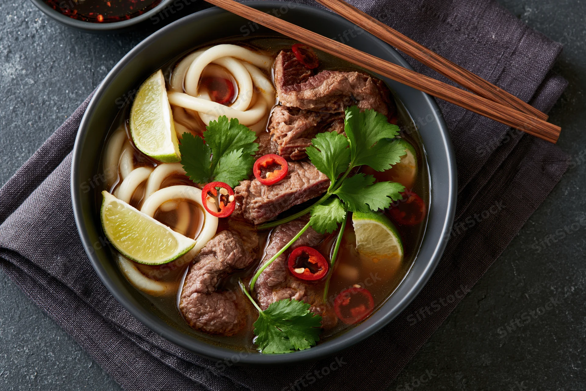 Beef noodle soup with udon noodles, cilantro, lime, and chili in a dark matte bowl on a napkin