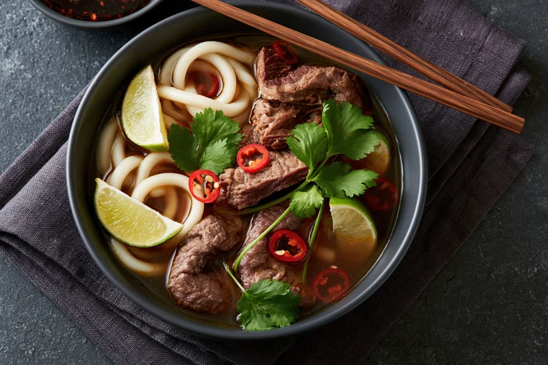 Beef noodle soup with udon noodles, cilantro, lime, and chili in a dark matte bowl on a napkin