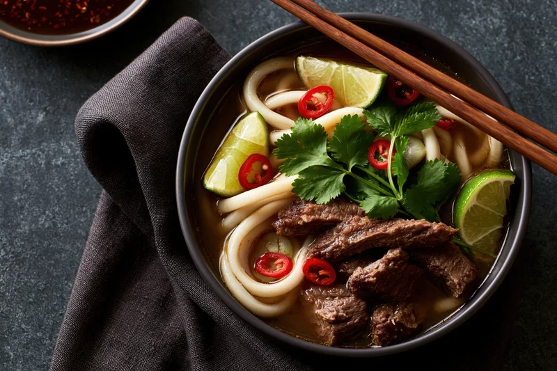 Beef noodle soup with udon noodles and garnishes in a dark matte bowl on a cloth napkin