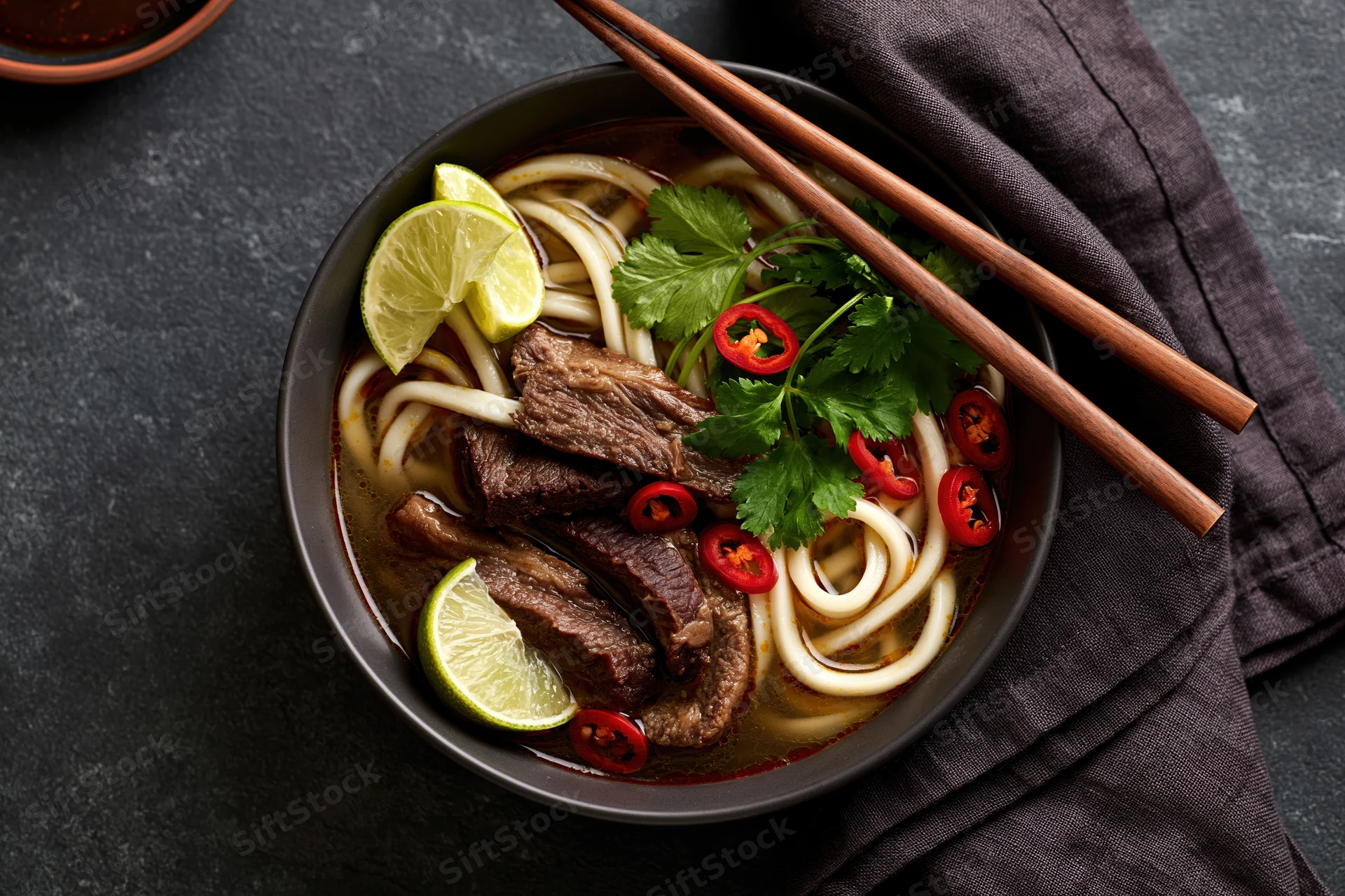 Beef noodle soup with udon noodles and garnishes in a dark matte bowl on a gray surface with chopsticks and a napkin