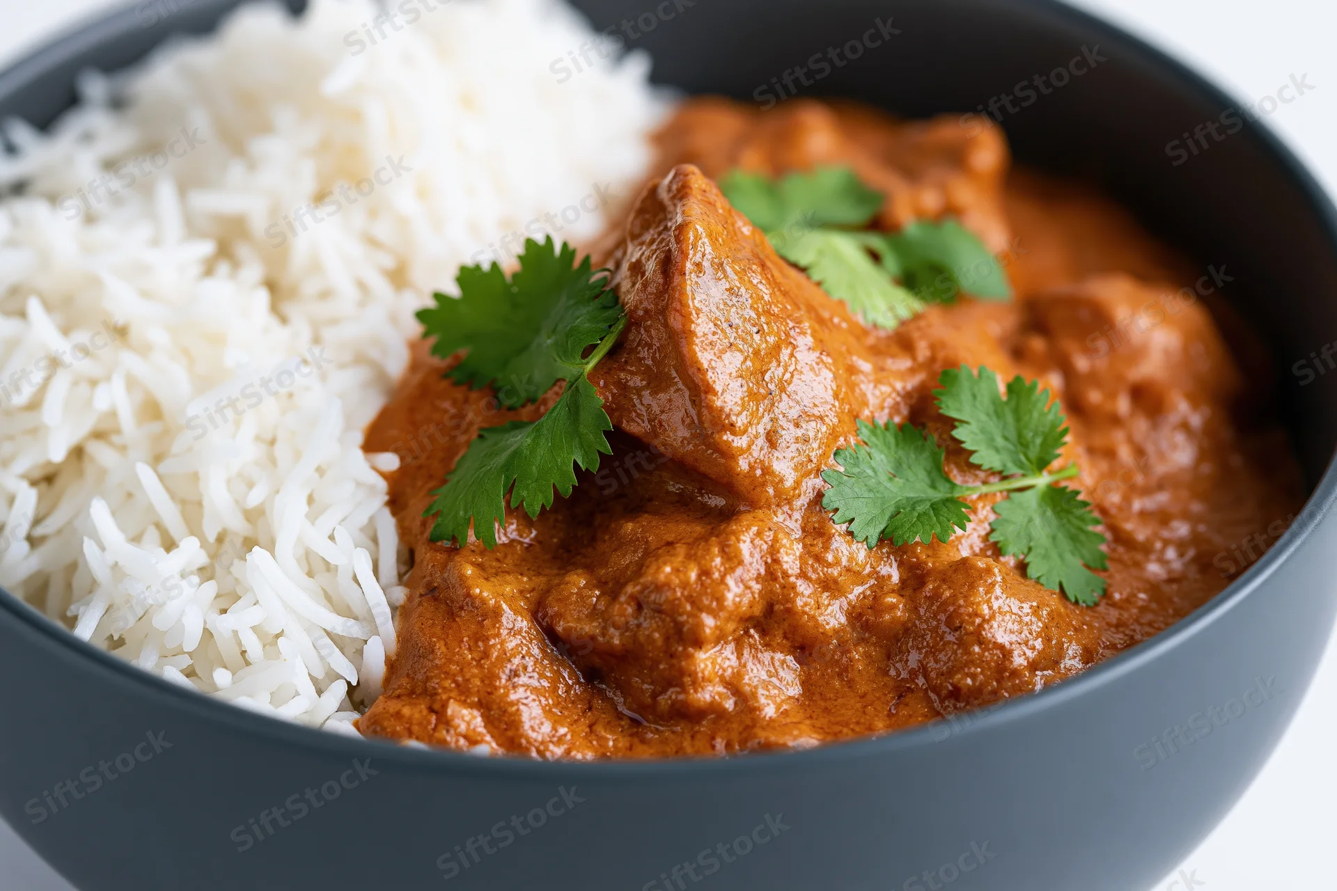 Butter chicken curry with white rice and cilantro garnish in a dark matte ceramic bowl