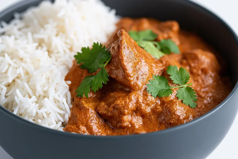 Butter chicken curry with white rice and cilantro garnish in a dark matte ceramic bowl