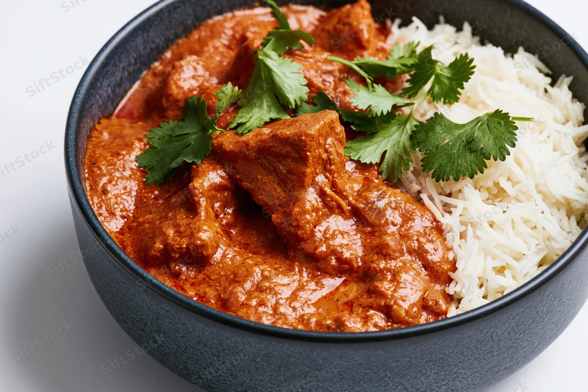 Butter chicken curry with rice and cilantro garnish in a dark matte ceramic bowl