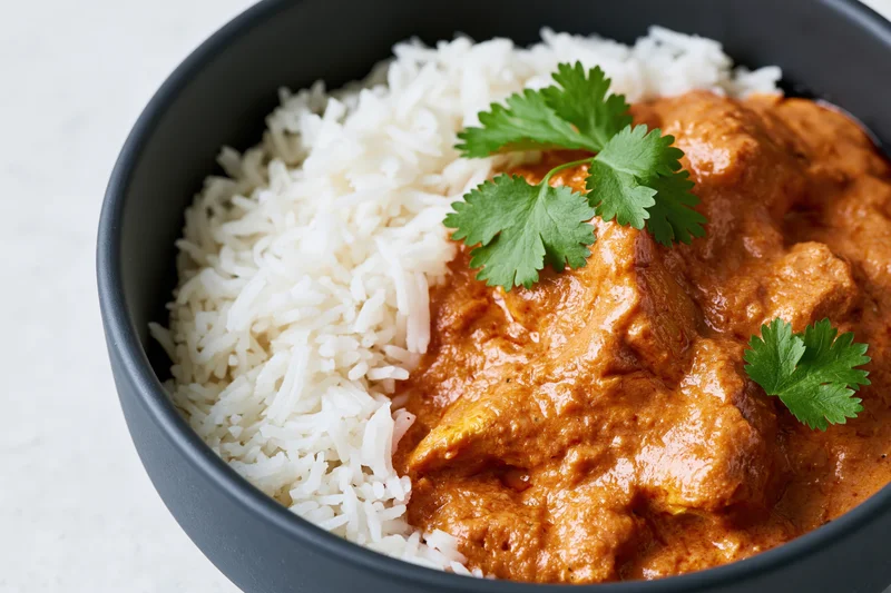 Butter chicken curry with white rice and cilantro garnish in a dark matte ceramic bowl