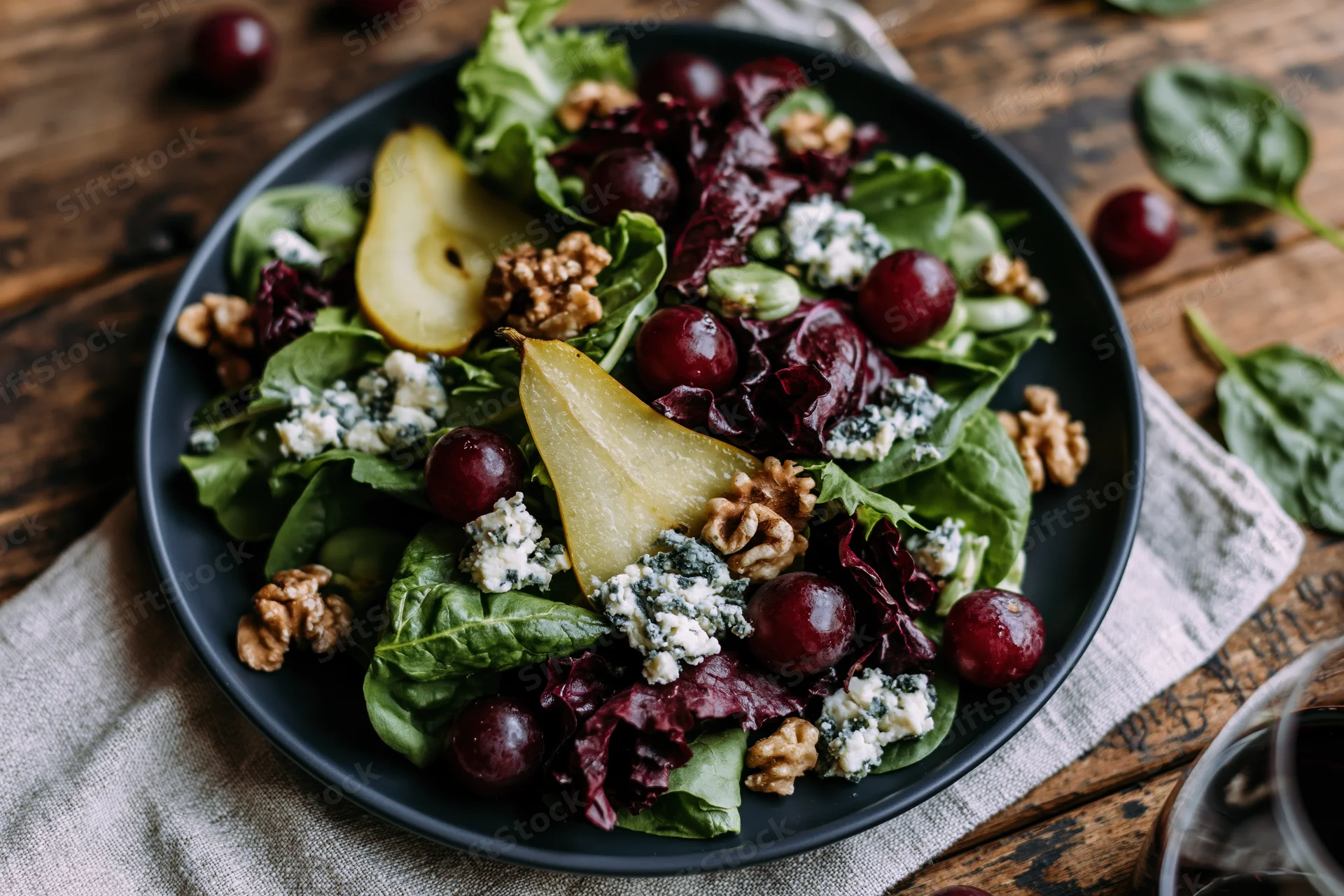 Mixed green salad with pear slices, walnuts, grapes and blue cheese on a dark matte plate on a wooden table