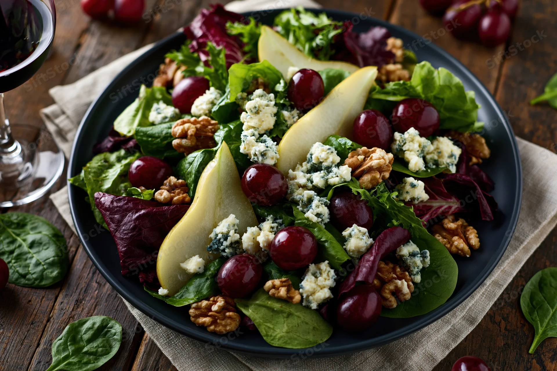 Mixed green salad with pear slices, grapes, walnuts and blue cheese on a dark matte plate on a wooden table