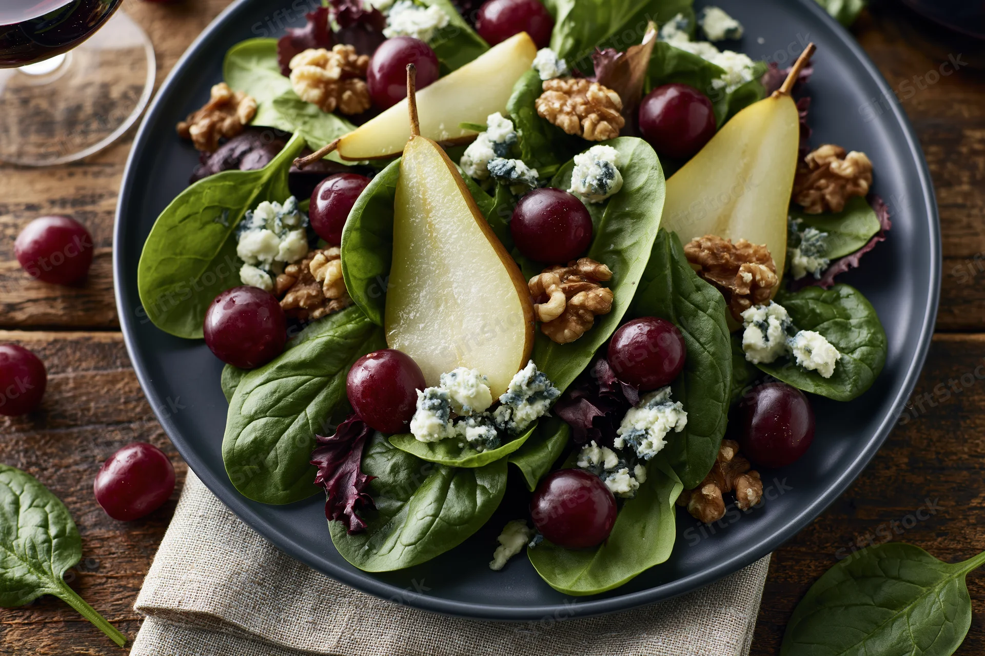 Mixed green salad with sliced pear, grapes, walnuts and blue cheese on a dark matte plate on wooden table