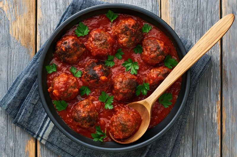 Meatballs in tomato sauce served in a black skillet with wooden spoon on a wooden table