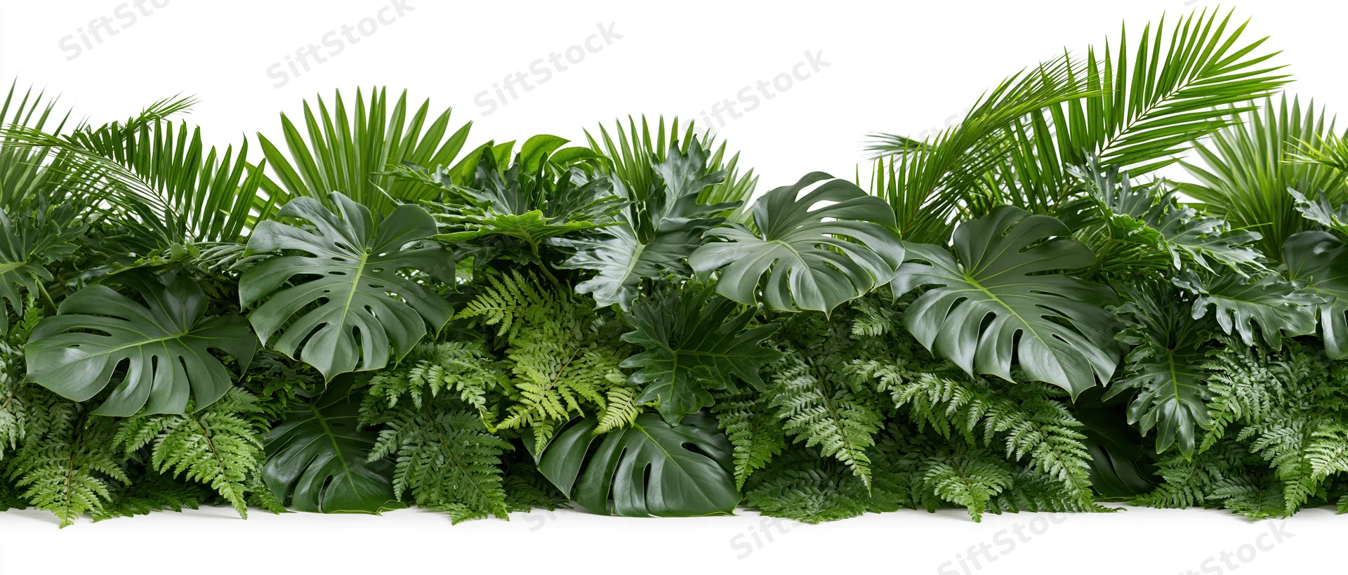 Dense arrangement of tropical foliage including monstera and palm leaves on white background