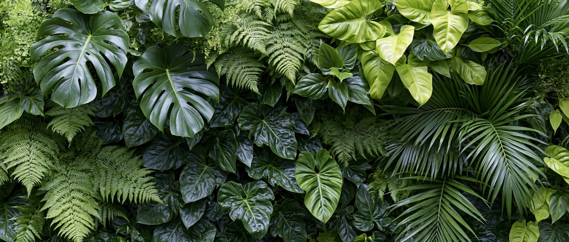 Dense wall of mixed tropical foliage filling the frame