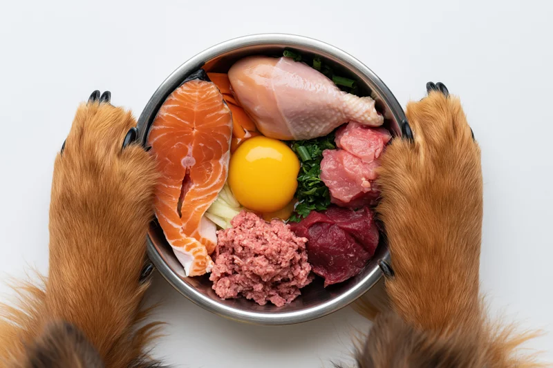 Dog paws framing a stainless steel bowl filled with raw food including salmon, chicken, egg, beef, vegetables and ground meat
