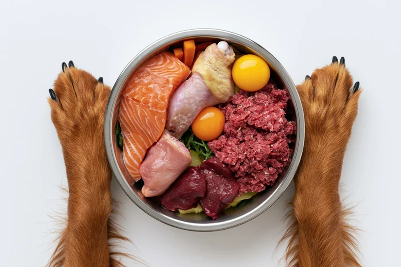 Dog paws framing a stainless steel bowl filled with raw meat, salmon, chicken, egg and vegetables