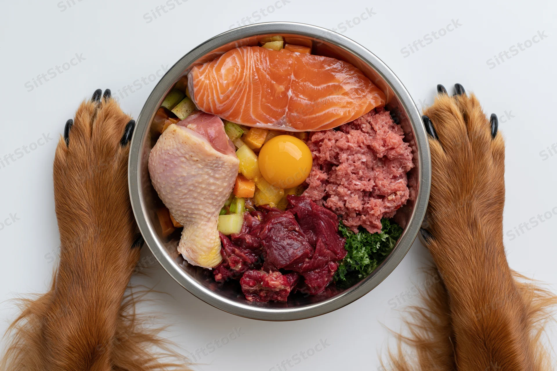 Dog paws framing a stainless steel bowl filled with raw food including salmon, chicken, beef, egg and vegetables