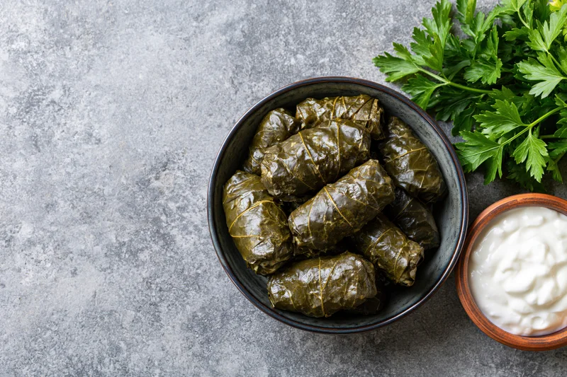 Dolma stuffed grape leaves in a dark ceramic bowl with parsley and yogurt dip on a gray surface