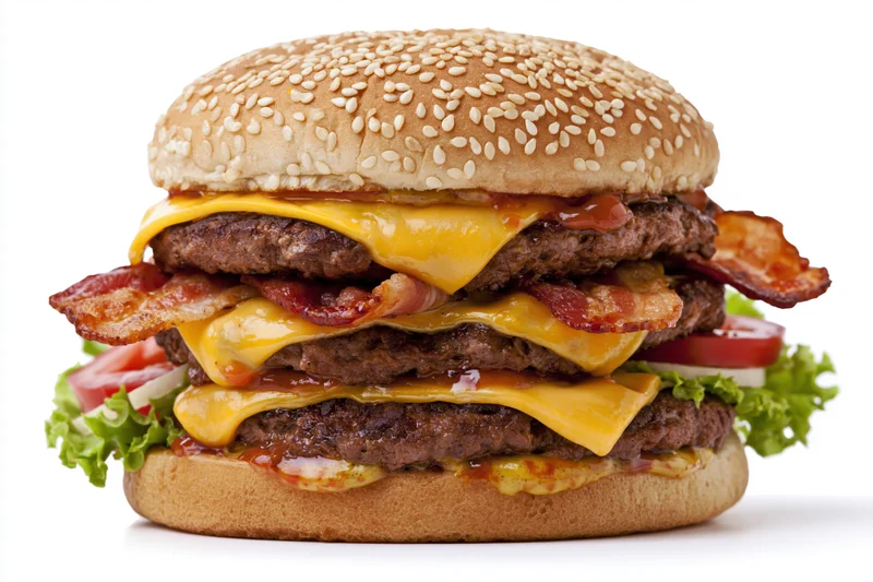 Double cheeseburger with two beef patties, melted cheese, bacon, lettuce, tomato, and onion on a sesame seed bun, isolated on white background