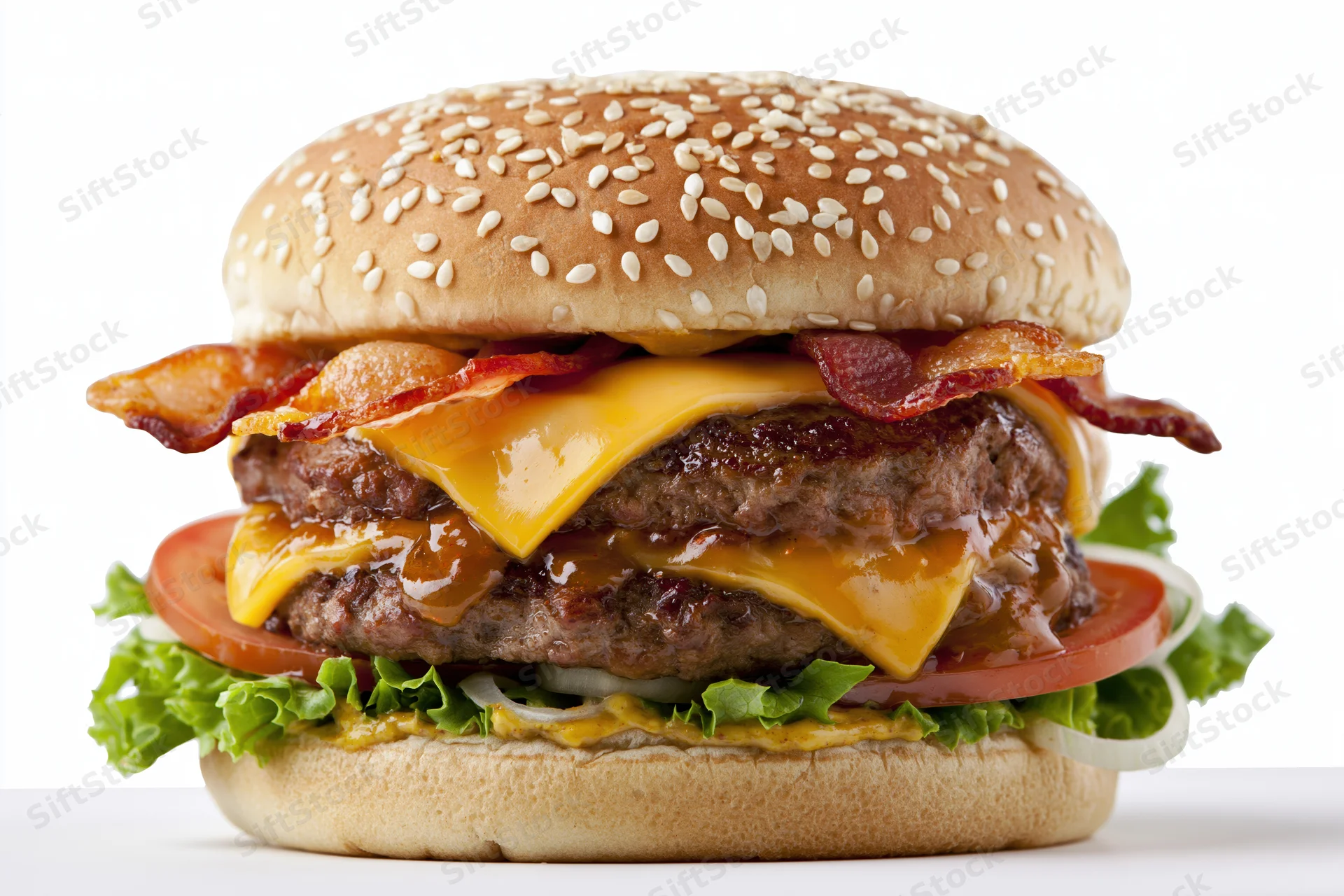 Double cheeseburger with two beef patties, melted cheese, bacon, lettuce, tomato, and onion on a sesame seed bun, isolated on white background