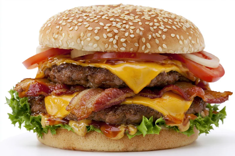 Double cheeseburger with two beef patties, bacon, lettuce, tomato, and sesame seed bun on white background