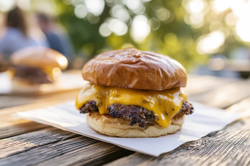 Double smash burger with melted american cheese oozing over beef patty on wooden table outdoors