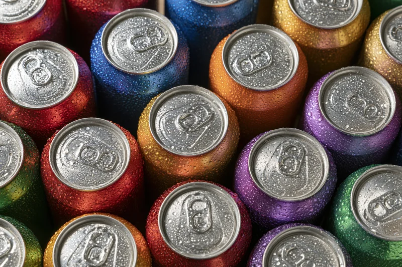 Closeup of multicolored aluminum soda cans packed tightly together, viewed from above with condensation on their surfaces