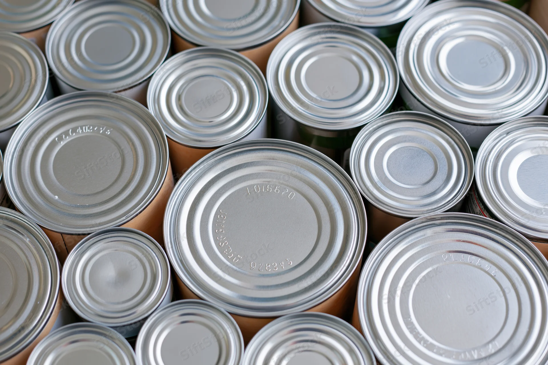 Close-up of metal food cans arranged tightly together in a storage setting