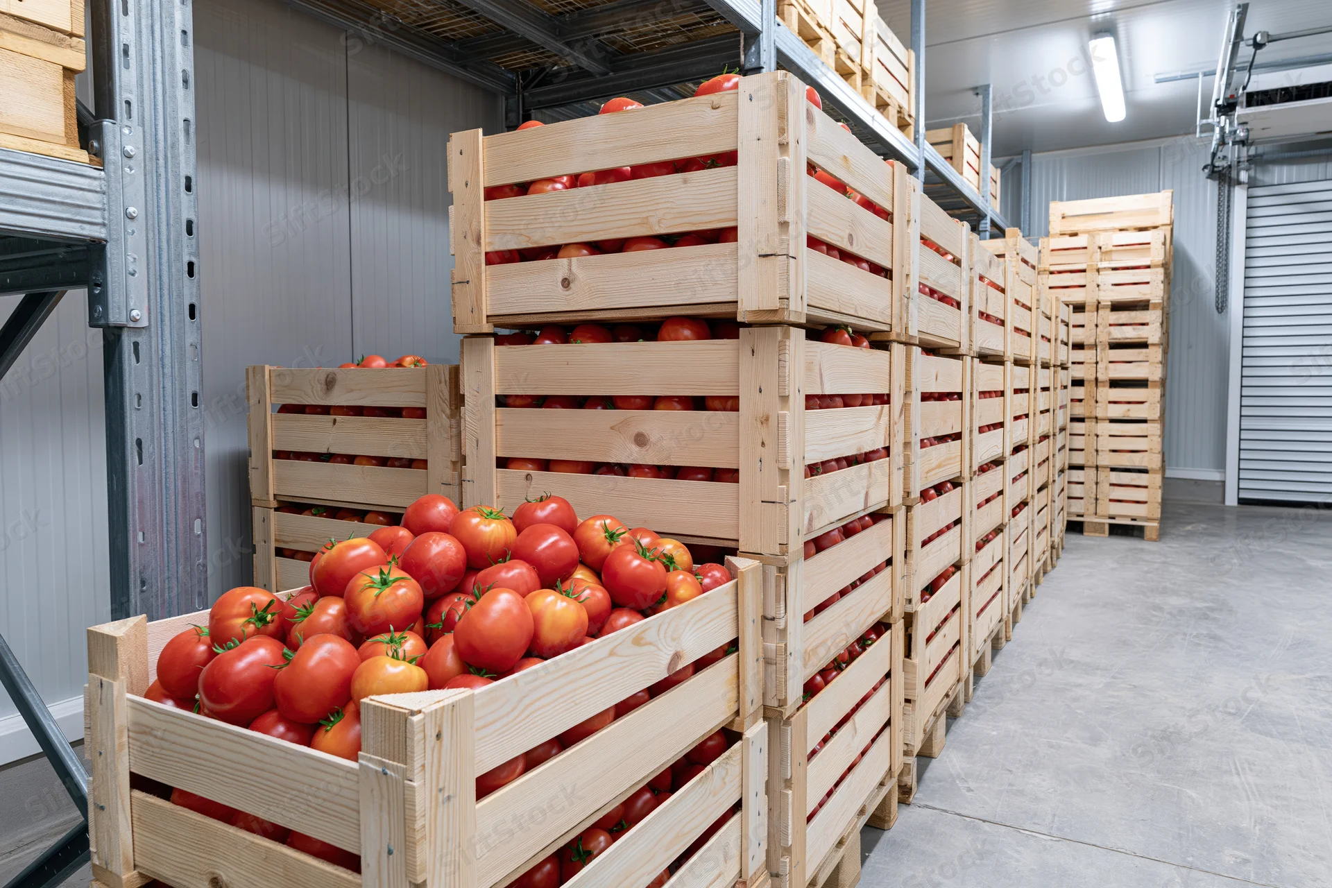 Wooden crates filled with fresh red tomatoes stacked in a warehouse storage area
