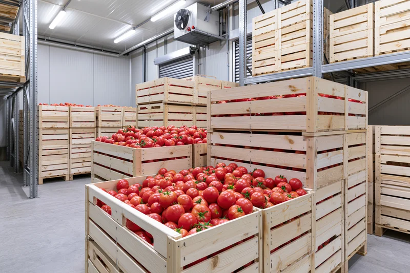 Wooden crates filled with fresh red tomatoes stacked in a warehouse storage facility