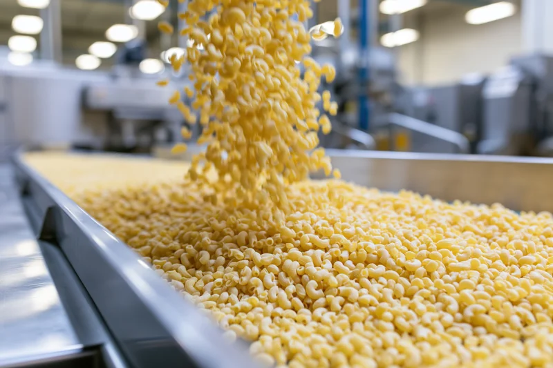 Dry elbow macaroni pasta falling and spreading across a conveyor belt in a food manufacturing facility