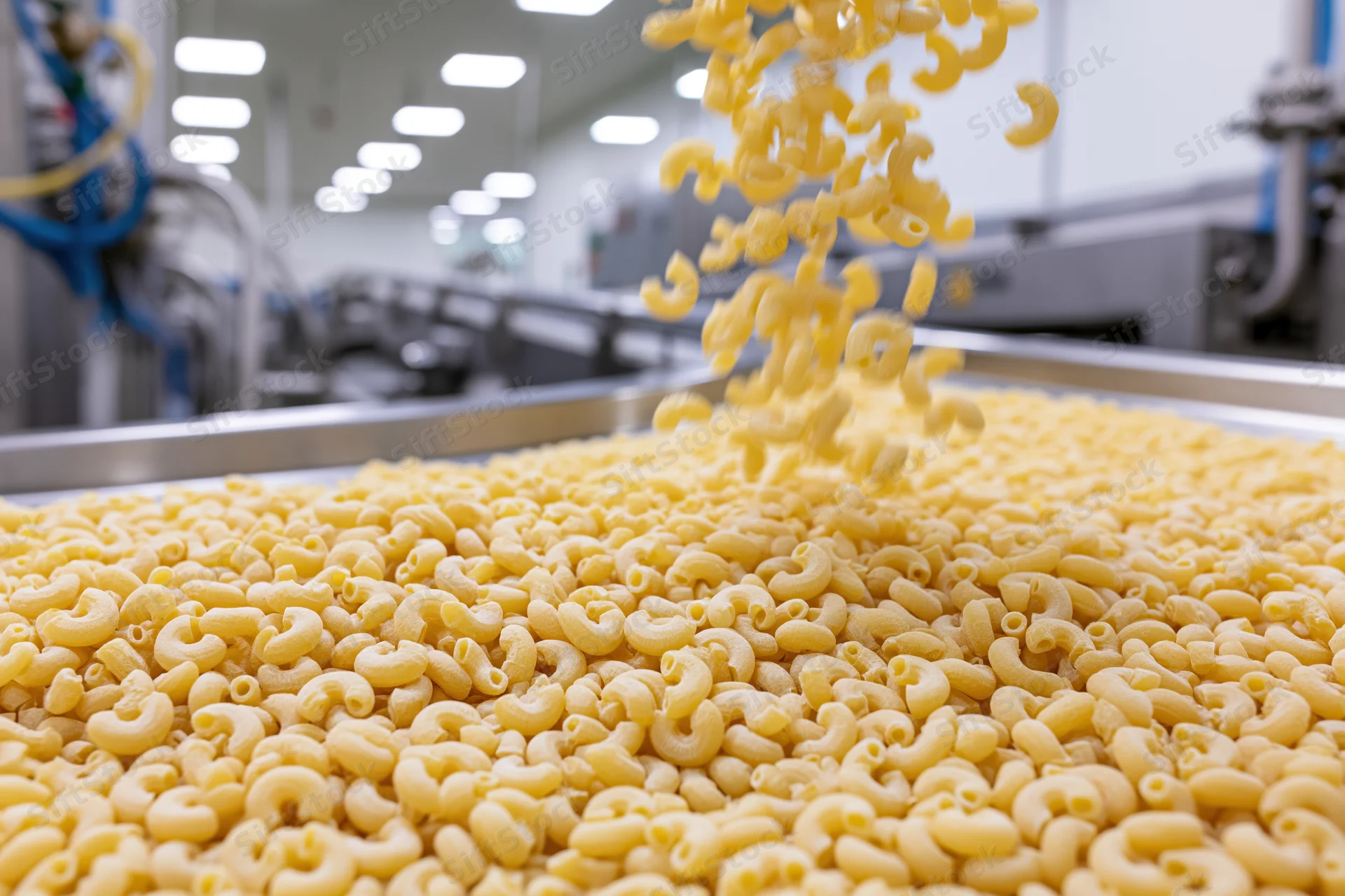 Dry elbow macaroni pasta falling and spreading across a conveyor in a food processing factory