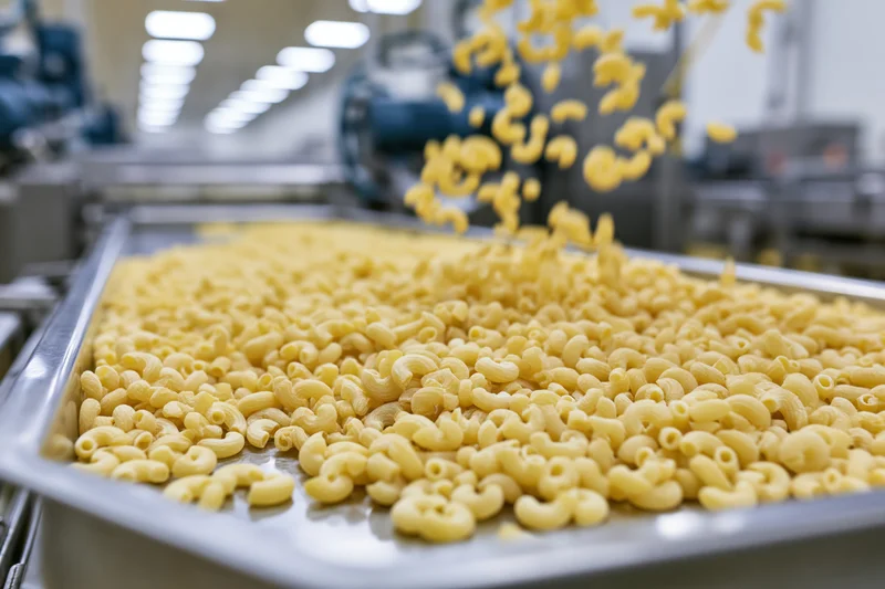 Dry elbow macaroni falling and spreading across a metal tray in a factory production line