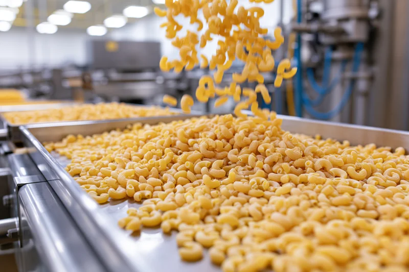Dry elbow macaroni pasta falling and spreading across a stainless steel conveyor belt in a food processing factory