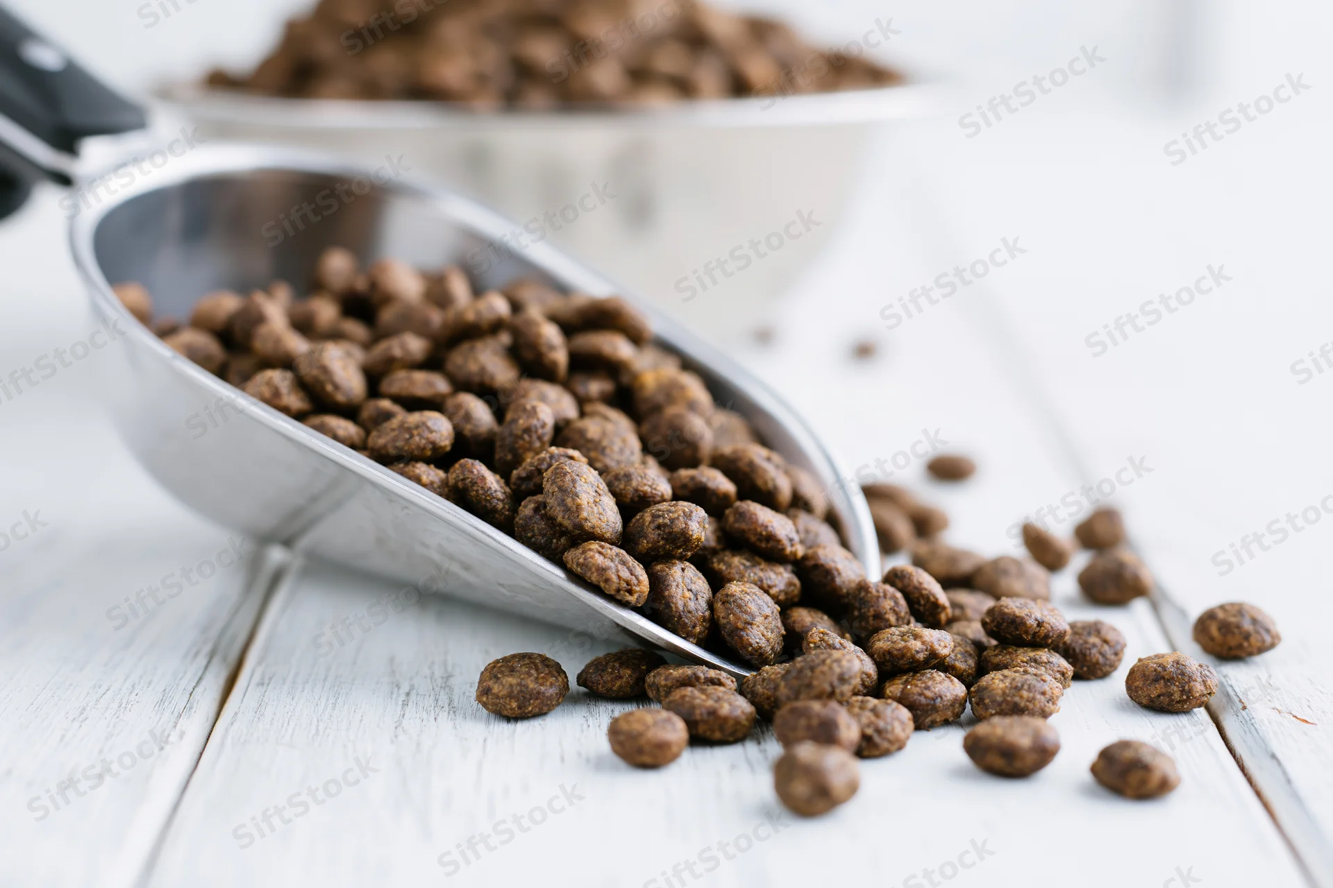 Dry pet food kibble spilling from a metal scoop onto a white wooden surface