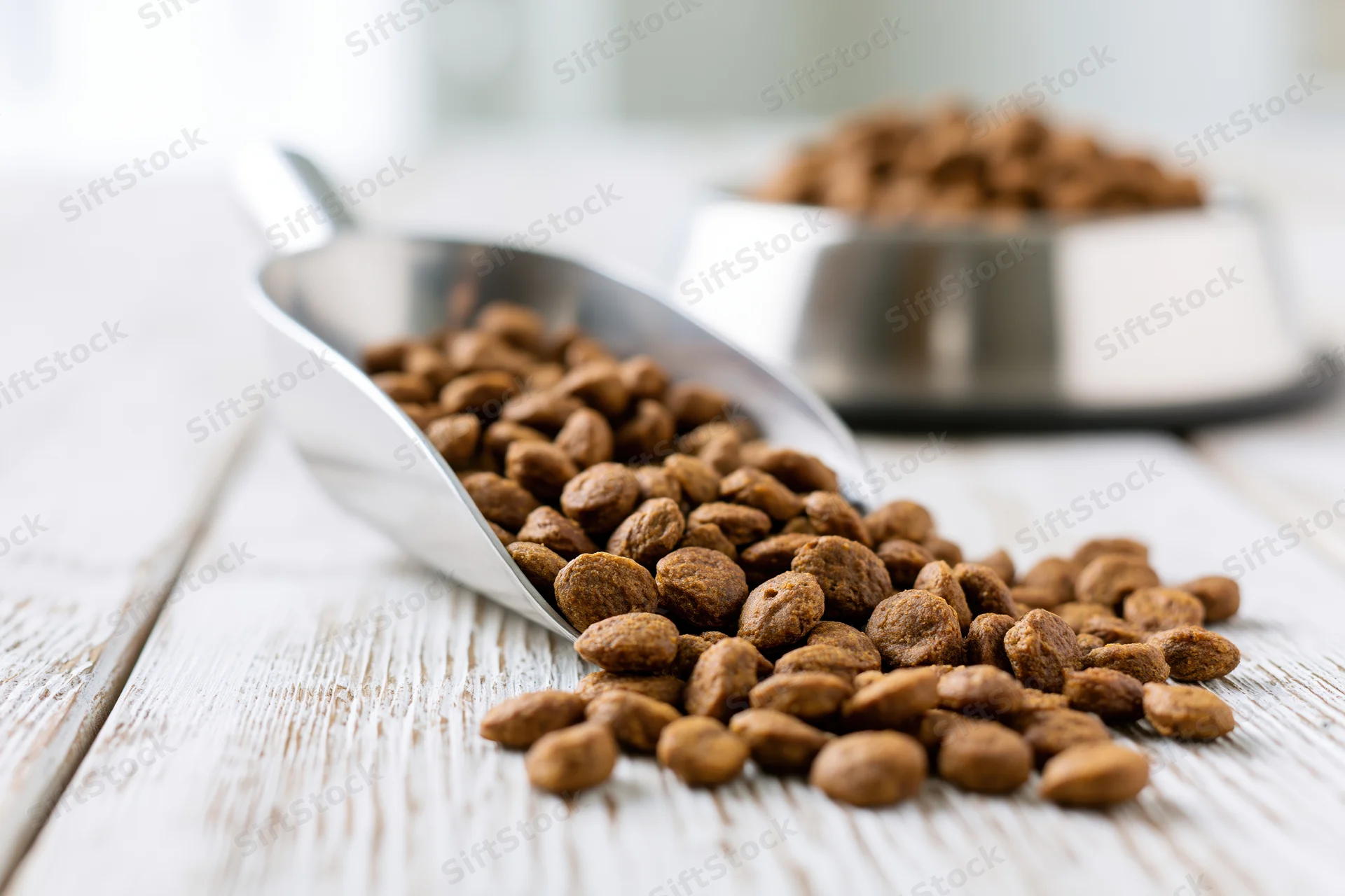 Dry pet food kibble spilling from a metal scoop onto a wooden surface near a pet bowl