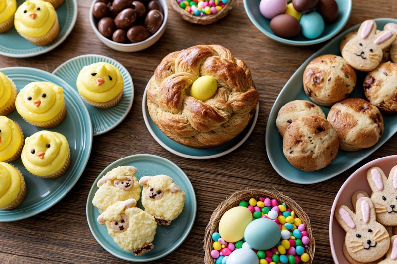 Easter dessert spread with baked goods and decorated eggs on a rustic wooden table