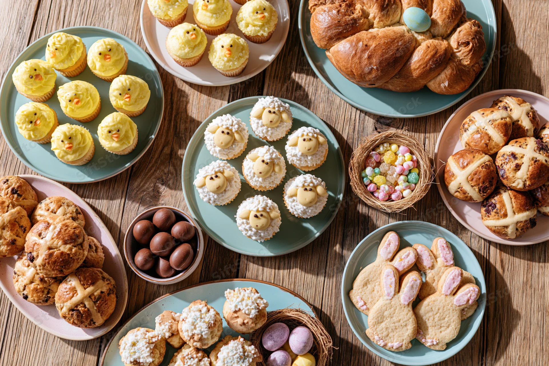 Easter dessert spread on rustic wooden table with baked goods and themed treats arranged on plates