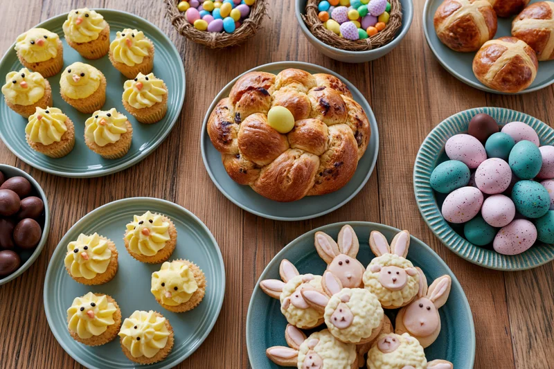 Easter dessert spread on rustic wooden table with baked goods and decorated eggs arranged on plates and bowls