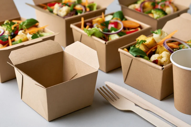 Open kraft paper takeout boxes filled with colorful salad vegetables arranged on a table with wooden cutlery and a paper cup