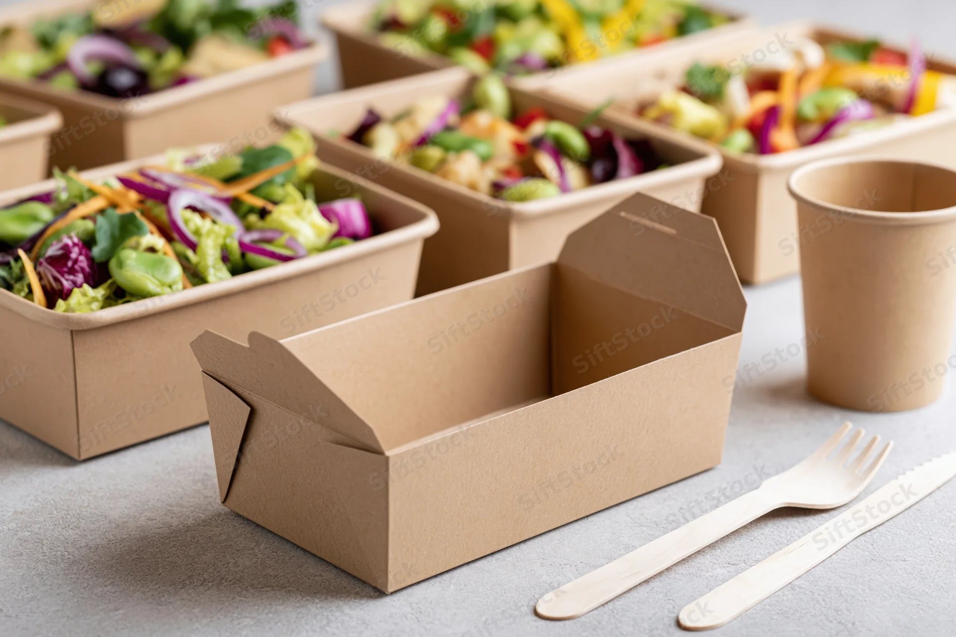Multiple kraft paper takeout boxes filled with colorful salads arranged on a gray surface with wooden cutlery and a paper cup nearby