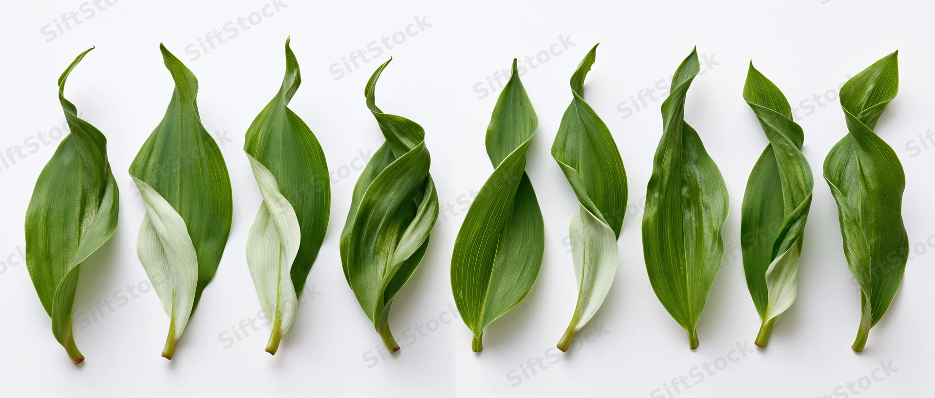 Eight green lily of the valley leaves arranged in a row on a white background