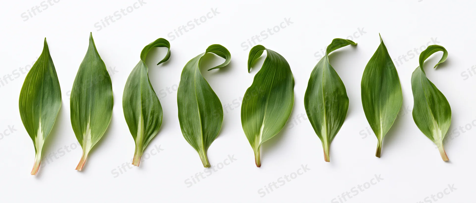 Eight green lily of the valley leaves arranged in a row on a white background