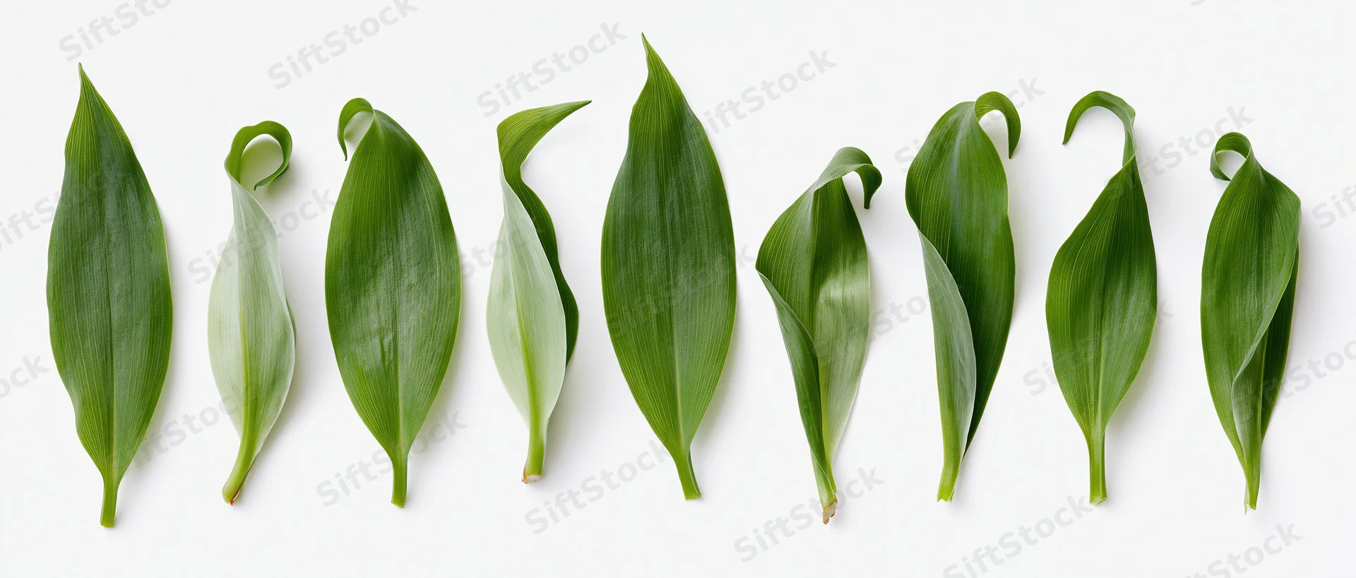 Eight green lily of the valley leaves arranged in a row on white background