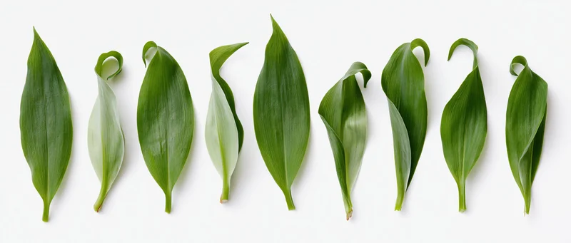Eight green lily of the valley leaves arranged in a row on white background