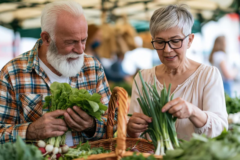 Elderly couple selecting fresh vegetables at an outdoor market