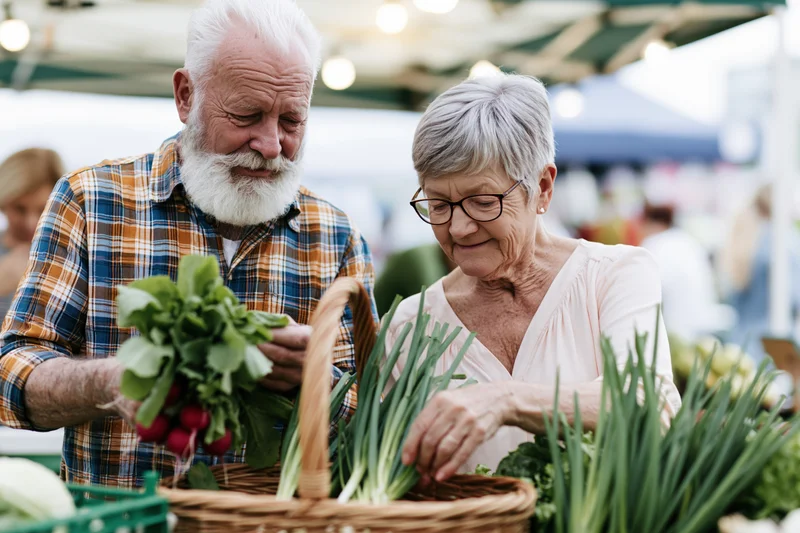 Senior couple shopping for fresh vegetables at outdoor market