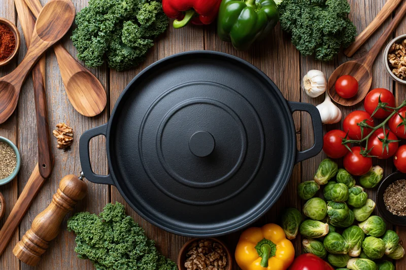 Black cast iron dutch oven centered on wooden table surrounded by fresh vegetables and cooking tools