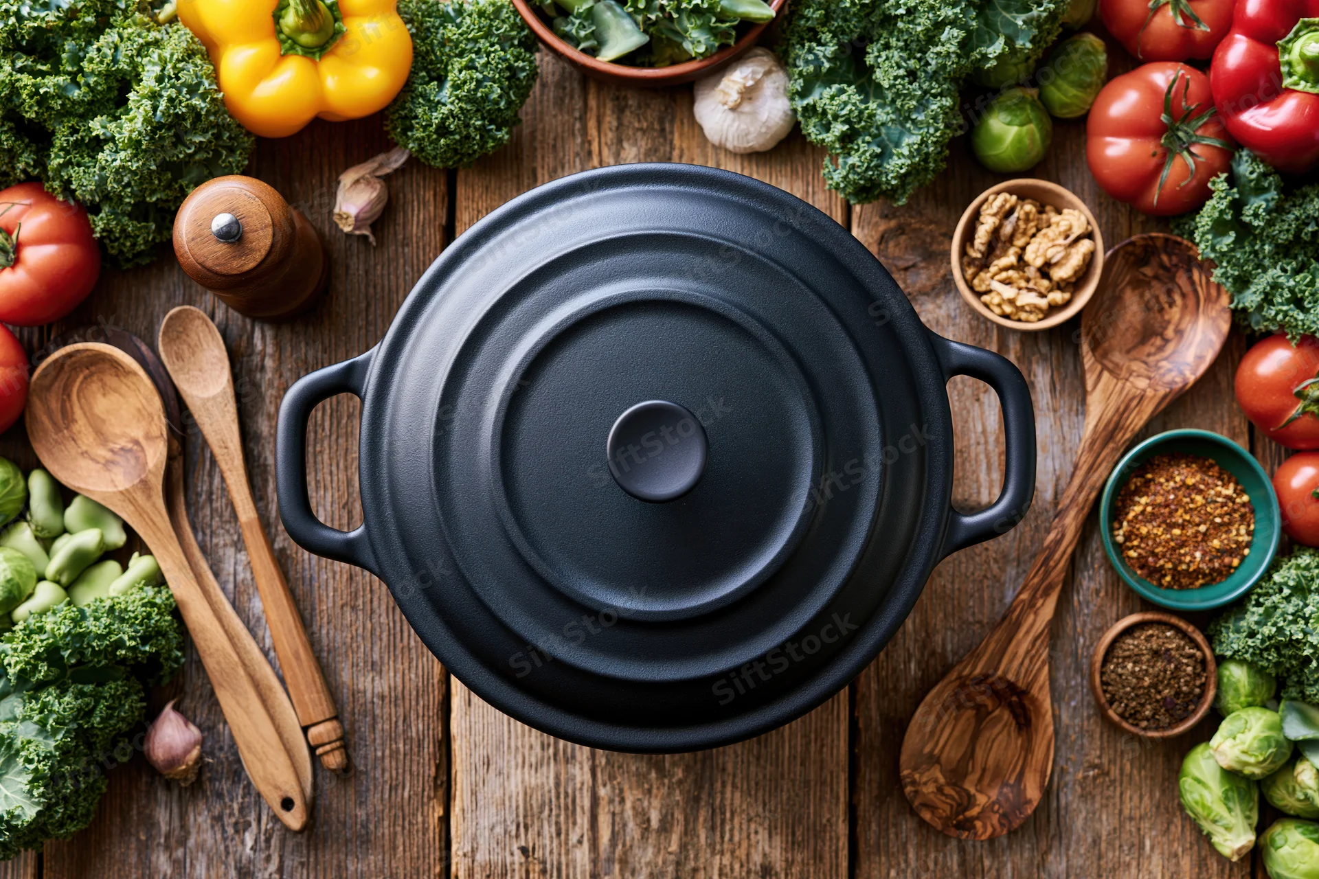 Black cast iron dutch oven centered on wooden table surrounded by fresh vegetables and cooking tools
